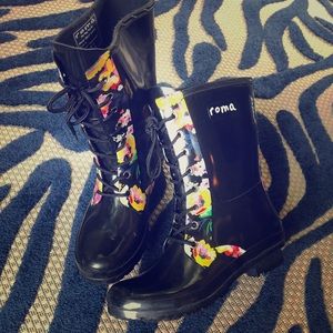 Roma Rainboots, Combat With Floral Print Trim